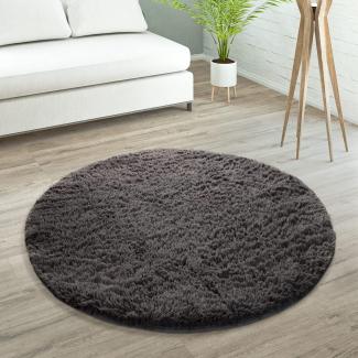 Paco Home Hochflor Teppich Wohnzimmer rutschfest Fellteppich Shaggy Flauschig Weich Modern Kunstfell Fell Imitat Einfarbig, Grösse:120 cm Rund, Farbe:Anthrazit