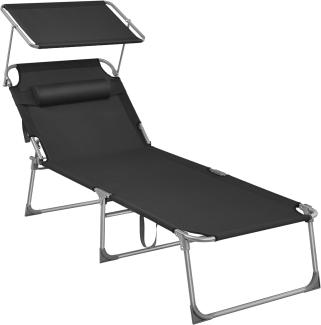 Große Sonnenliege, klappbarer Liegestuhl, 200 x 71 x 38 cm, Belastbarkeit 150 kg, mit Sonnenschutz, Kopfstütze und Verstellbarer Rückenlehne, für Garten Pool Terrasse, schwarz GCB22BK