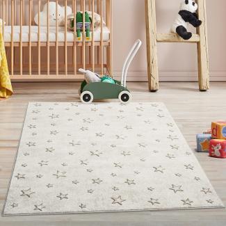 carpet city Kinderteppich Creme, Beige - 120x160 cm - Sterne Muster - Kurzflor Teppiche Kinderzimmer, Spielzimmer