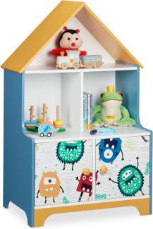 Relaxdays Kinderregal, 5 Fächer für Spielzeug, Monstermotiv, HBT: 100 x 63,5 x 40 cm, Kinderzimmerregal mit Türen, bunt