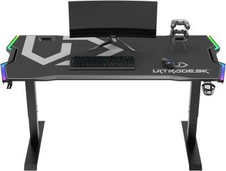 ULTRADESK Force | Ergonomischer Gaming-Schreibtisch mit großer Arbeitsfläche & XXL-Pad, 2 Kabeldurchlässe | Ablage für Powerstrips, LED-RGB-Prismenbeleuchtung | Stahlrahmen, Graues Pad, 166x70 cm