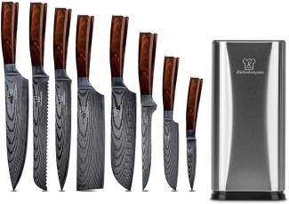 Messerset asiatisch mit magnetischer Holzleiste - Kurai Küchenmesser - 8-teiliges Messerset mit handgeschmiedeten Edelstahlklingen und Pakkaholz Griff - Rostfrei & scharf