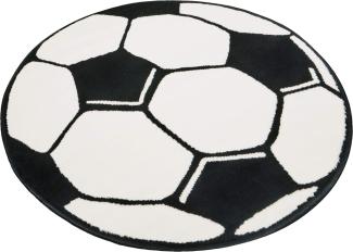 Kurzflor Kinderteppich Fußball, rund - weiß schwarz - 100x100x0,8cm