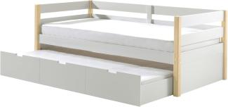 Kojen Bett Margrit mit Umrandung u. Rolllattenrost, Liegefläche 90 x 200, inkl. Bettschublade auf Rollen, Ausf. Weiß lackiert, Bettpfosten Kiefer natur lackiert