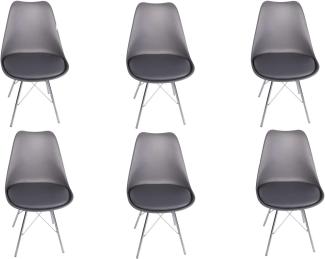 SAM 6er Set Schalenstuhl Lerche, Sitzschale grau, integriertes Kunstleder-Sitzkissen, Stuhl mit Gestell aus Chrom, Esszimmerstuhl im skandinavischen Stil