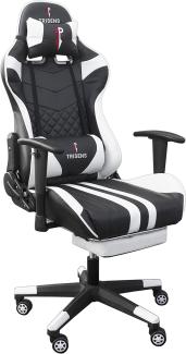 Gaming Stuhl im Racing Design in Lederoptik Bürostuhl mit flexiblen Armlehnen ergonomischer Schreibtischstuhl mit verstellbarem Rückenstützkissen, Nackenkissen und Fußstütze Schwarz / Weiß