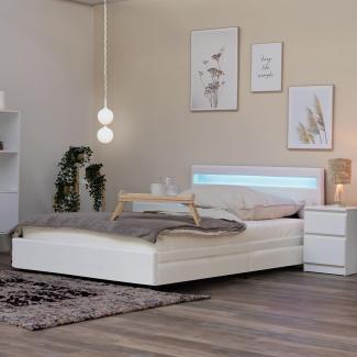 HOME DELUXE - LED Bett NUBE - Weiß, 180 x 200 cm - inkl. Matratze, Lattenrost und Schubladen I Polsterbett Design Bett inkl. Beleuchtung