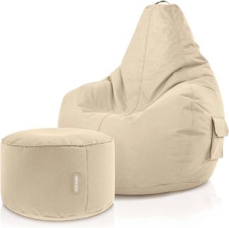 Green Bean© Sitzsack mit Rückenlehne + Hocker "Cozy+Stay" 80x70x90cm - Gaming Chair mit 230L Füllung - Bean Bag Lounge Chair Sitzhocker Beige
