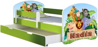ACMA Kinderbett Jugendbett mit Einer Schublade und Matratze Grün mit Rausfallschutz Lattenrost II 140x70 160x80 180x80 (02 Animals name, 160x80 + Bettkasten)