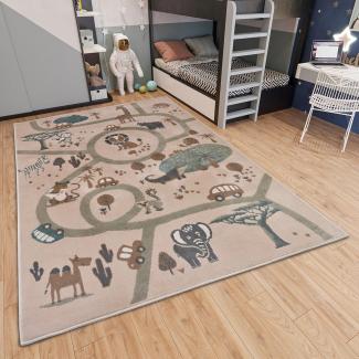 Hanse Home Adventures Kinderteppich - Tier Dschungel Spielteppich Straße Straßenteppich Teppich Junge Mädchen für Kinderzimmer, Jugendzimmer, Wohnzimmer - Creme Braun Grau, 160x235cm