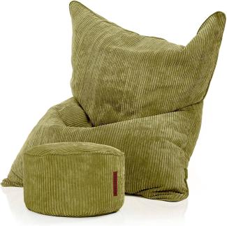 Green Bean© XXL Sitzsack "Square" + Sitzhocker aus Cordstoff 370 Liter EPS-Perlen Füllung - kuschelig weichem & waschbarem-Stoff Sitzkissen Grün