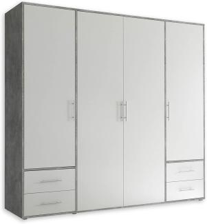 VALENCIA Kleiderschrank in Beton Optik, Weiß - Vielseitiger Drehtürenschrank 4-türig mit viel Stauraum für Ihr Schlafzimmer - 206 x 195 x 60 cm (B/H/T)