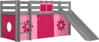 Vipack Spielbett 'Pino' mit Rutsche grau und Textilset 'Pink Flower'