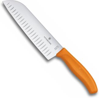 Victorinox, Swiss Classic, Profi Santokumesser, Extra Scharfe Klinge, Kullenschliff, 17 cm, Robuster Kunststoffgriff, Rostfreier Stahl, orange