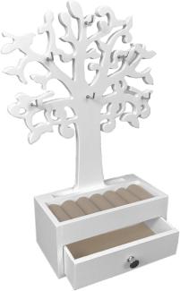 Schmuckbaum Holz Lebensbaum mit Schublade und 6 Haken Weiß B19xH31cm