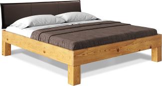 Möbel-Eins CURBY 4-Fuß-Bett mit Polster-Kopfteil, Material Massivholz, rustikale Altholzoptik, Fichte natur 140 x 220 cm Standardhöhe Kunstleder Braun ohne Steppung
