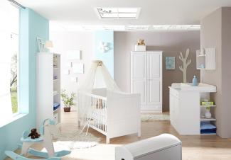 Ticaa 'Moritz' 4-tlg. Babyzimmer-Set Kiefer, weiß, aus Bett 70x140 cm, Wickelkommode inkl. Anstellregal, Kleiderschrank und Standregal
