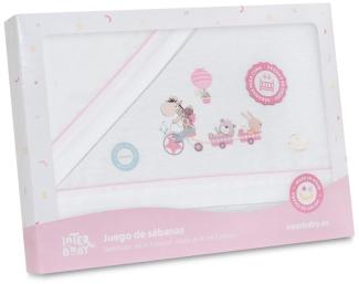 INTERBABY · Bettwäsche-Set für Kinderbett, Flanell "Jirafa Bicicleta" weiß rosa · 100% Baumwolle ·3-teilig Bettlaken Winter für babys