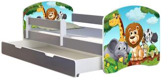 ACMA Kinderbett Jugendbett mit Einer Schublade und Matratze Grau mit Rausfallschutz Lattenrost II (02 Animals, 180x80 + Bettkasten)