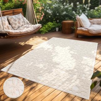 Paco Home Outdoor Teppich Wetterfest Balkon Wohnzimmer Skandinavisches Boho Muster Einfarbig Geometrisch 3D Effekt Moderne Deko, Grösse:80x250 cm, Farbe:Creme