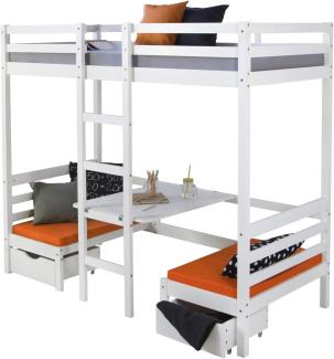 Kinderbett Hochbett 90x200 weiß Schreibtisch Etagenbett + Sitzkissen orange