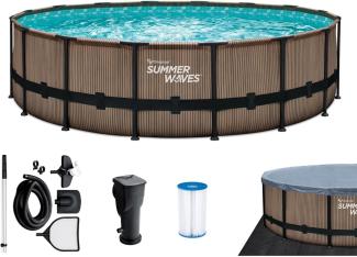 Summer Waves Elite Frame Pool | Aufstellpool rund | Komplettset | Teakoptik braun | Ø 549x132 cm