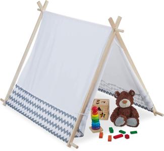 Relaxdays 10035301 Tipi Zelt für Kinder, mit Fenster, Kinderzimmer Zelt, Wigwam Kinderzelt, HxBxT: 92 x 92 x 120 cm, weiß-grau