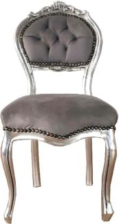 Casa Padrino Barock Damen Stuhl Grau / Silber 40 x 44 x H. 83 cm - Handgefertigter Schminktisch Stuhl mit edlem Samtstoff - Möbel im Barockstil
