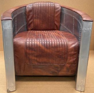 Casa Padrino Luxus Art Deco Leder Sessel Vintage Braun / Silber - Aluminium Wohnzimmer Sessel mit hochwertigem Echtleder - Lounge Sessel - Flugzeug Flieger Echtleder Möbel