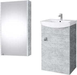 Planetmöbel Badmöbel Set aus Waschtisch + Waschbecken + Spiegelschrank, Gäste Bad WC, Farbe Beton