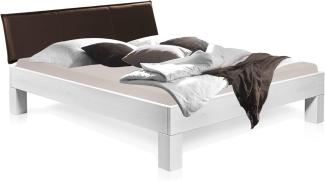 Möbel-Eins LUKY 4-Fuß-Bett mit Polster-Kopfteil, Material Massivholz, Fichte massiv weiss 140 x 200 cm Kunstleder Braun