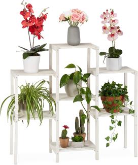 Relaxdays Blumenregal Holz, 7 Ablagen f. Pflanzen, dekorative Blumentreppe f. Indoor, stehend, 86,5 x 95 x 29,5 cm, weiß