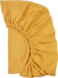 KraftKids Spannbettlaken Musselin Musselin goldene Punkte auf Gelb aus 100% Baumwolle in Größe 120 x 60 cm, handgearbeitete Matratzenbezug gefertigt in der EU