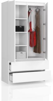 BDW Kleiderschrank 2 Türen, 4 Einlegeböden, Kleiderbügel, 2 Schubladen Kleiderschrank für das Schlafzimmer Wohnzimmer Diele 180x90x51cm (Weiß)