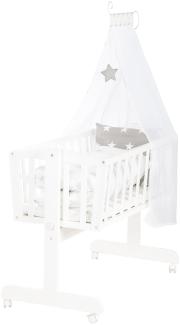 roba Babywiege Little Stars 40 x 90 cm aus Holz - Stubenwagen & Wiege - Bett-Set komplett mit Feststellfunktion & textiler Ausstattung - Weiß / Grau