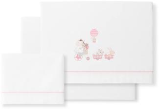 Bettlaken-Set für Babybett JIRAFA BICICLETA in Weiß rosa · 100% Baumwolle · 3- Teilig Bettwäsche-Set für Babywiege