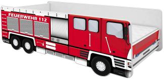 ACMA Kinderbett Auto-Bett Feuerwehr mit Rausfallschutz, Lattenrost und Matratze (140x70)