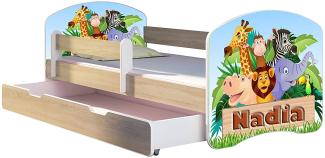 Kinderbett Jugendbett mit einer Schublade und Matratze Sonoma mit Rausfallschutz Lattenrost ACMA II 140x70 160x80 180x80 (02 Animals name, 140x70 + Bettkasten)