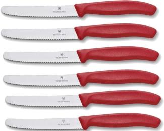 Victorinox 6 Stück Tafelmesser - Tomatenmesser Swiss Classic mit Wellenschliff rostfrei - Swiss Made - rot