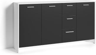 byLIVING Kommode BEN / Sideboard mit 3 Türen und 3 Schubkasten / Schuhschrank in weiß matt mit Fronten in matt schwarz / Griffe silber / B 153, H 83, T 35 cm
