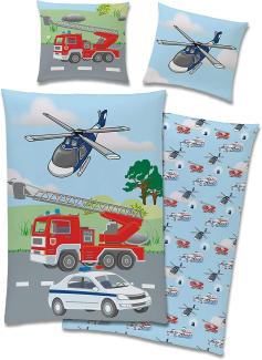 Kinderbettwäsche mit Feuerwehr & Polizei Motiv für Jungen 135x200 80x80 cm aus 100% Baumwolle