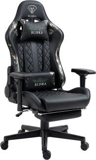 Gaming Stuhl mit Fußstütze und ergonomsichen 4D-Armlehnen - gaming chair in Sportsitz Optik - Gamer Stuhl mit verstellbaren Rückenstützkissen für gesündere Sitzhaltung, Farbe:Schwarz/Military -Grün