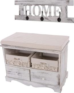 Garderobe mit Sitzbank Kommode mit 2 Körben 42x62x33cm, Shabby-Look, Vintage ~ weiß