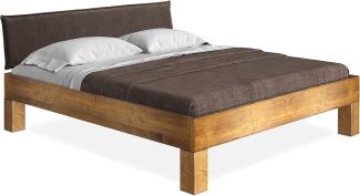 Möbel-Eins CURBY 4-Fuß-Bett mit Polster-Kopfteil, Material Massivholz, rustikale Altholzoptik, Fichte vintage 120 x 220 cm Standardhöhe Stoff Braun ohne Steppung