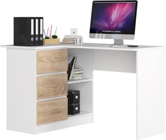 AKORD Eck-Schreibtisch B-16 mit 3 Schubladen und 2 Ablagen | Schreibtisch | ecktisch | Eck Schreibtisch für Home Office | Einfache Montage | B124 x H77 x T85, 48 kg Weiß/Sonoma-Eiche