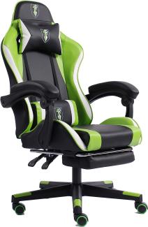 Gaming Chair im Racing-Design mit flexiblen gepolsterten Armlehnen - ergonomischer PC Gaming Stuhl in Lederoptik - Gaming Schreibtischstuhl mit ausziehbarer Fußstütze und extra Stützkissen Schwarz/Grün-Weiß