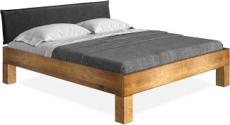 Möbel-Eins CURBY 4-Fuß-Bett mit Polster-Kopfteil, Material Massivholz, rustikale Altholzoptik, Fichte vintage 180 x 220 cm Standardhöhe Stoff Anthrazit ohne Steppung