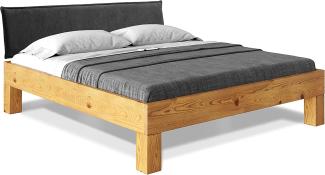 Möbel-Eins CURBY 4-Fuß-Bett mit Polster-Kopfteil, Material Massivholz, rustikale Altholzoptik, Fichte natur 140 x 220 cm Standardhöhe Stoff Anthrazit ohne Steppung