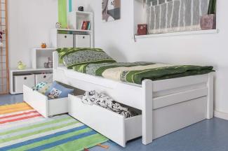Einzelbett/GästebettEasy Premium Line K1/2n inkl. 2 Schubladen und 2 Abdeckblenden, 90 x 200 cm Buche Vollholz massiv weiß lackiert