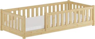 Baby-Bett, Holzbett 90x200 mit Rundumsicherung Kiefer natur lackiert V-60. 77-09Rollrost und Matratze inkl.